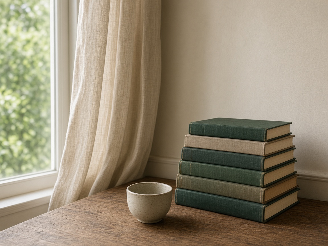 A quiet publishing studio with clothbound books beside a window and green trees