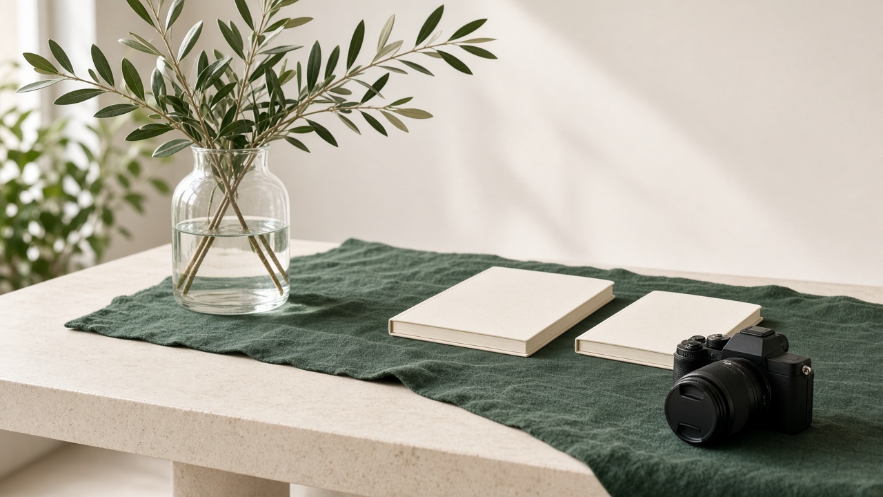 A bright studio table with blank notebooks and olive branches