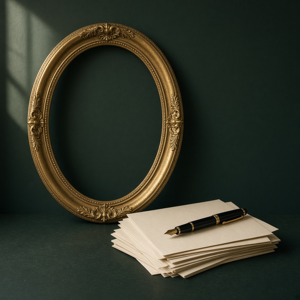 An empty gold frame and a fountain pen