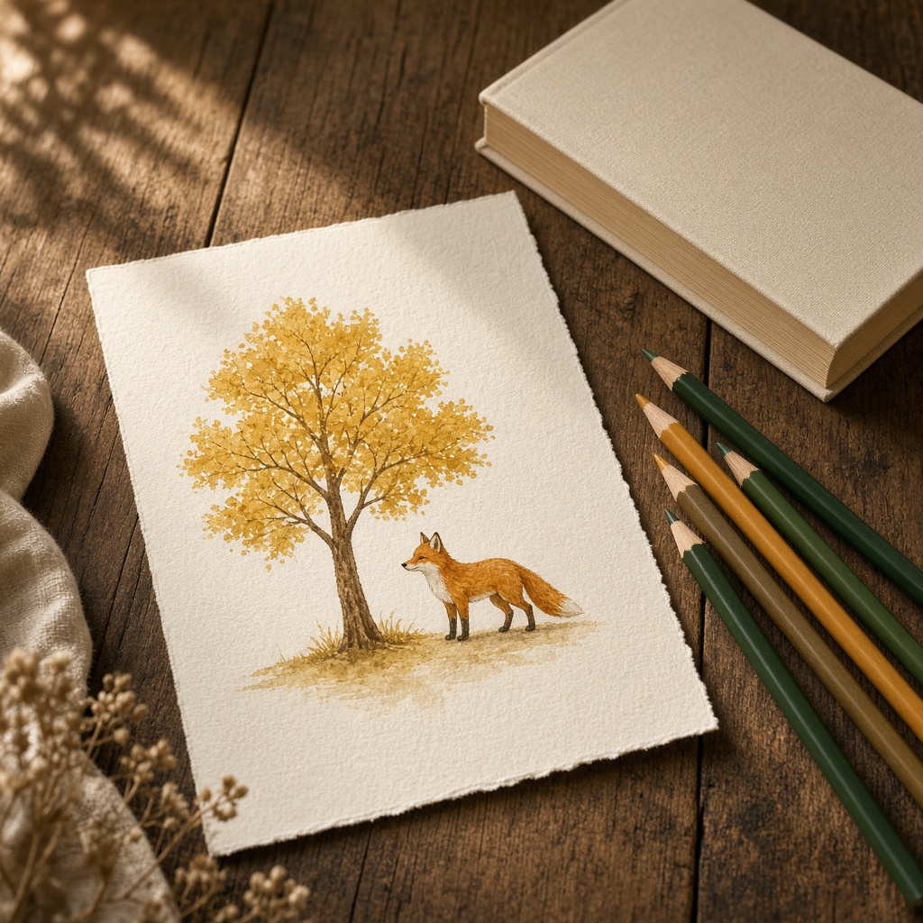 Watercolor paper, pencils, and a picture book