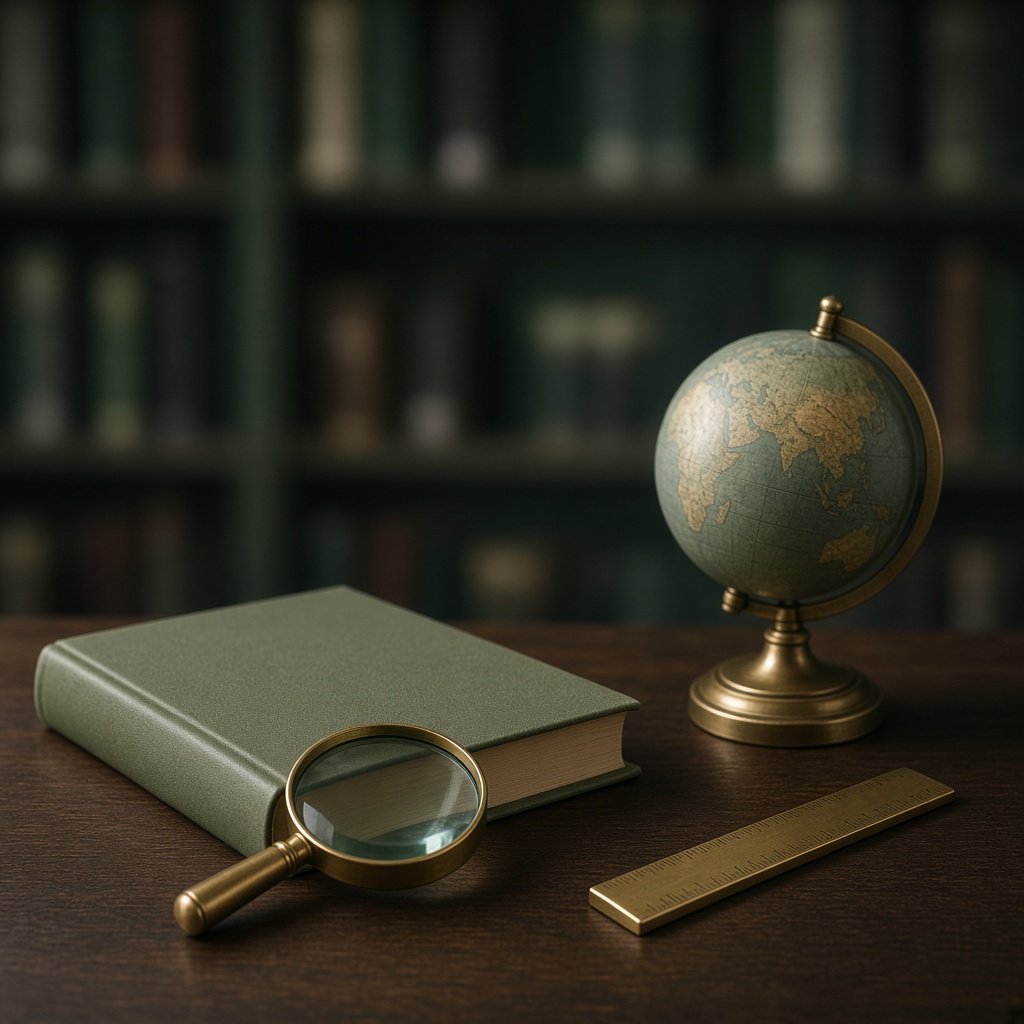 A globe, a brass glass, and a green book
