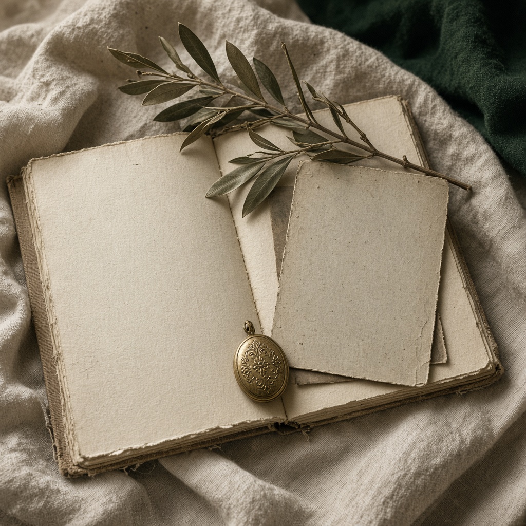 A linen journal and a gold locket