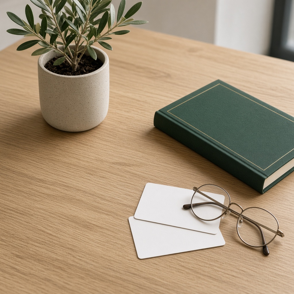 A closed green book on an oak desk