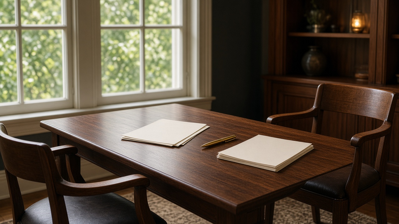 Two chairs and a manuscript on a walnut table