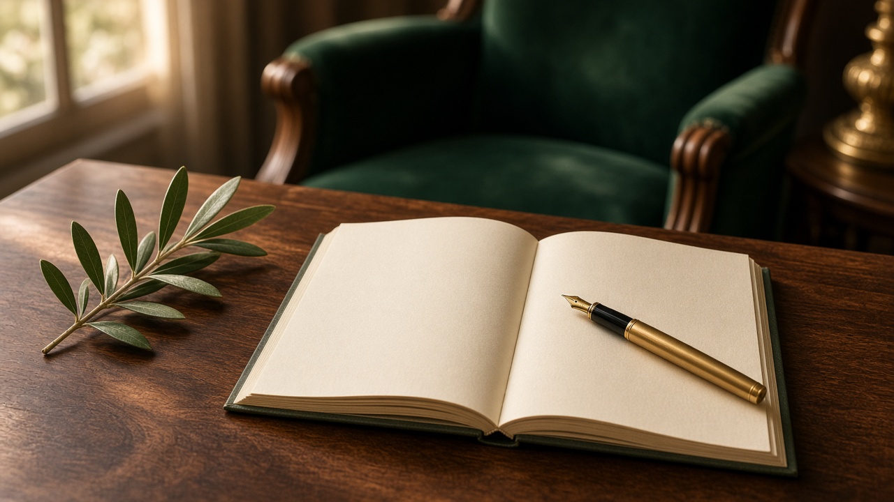 An open book and a gold pen on a walnut desk beside a deep green chair