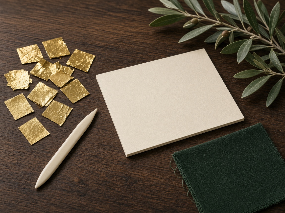 Gold foil swatches on a design table