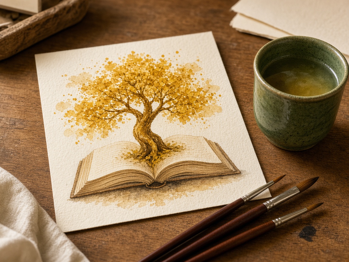 A watercolor of a tree growing from a book