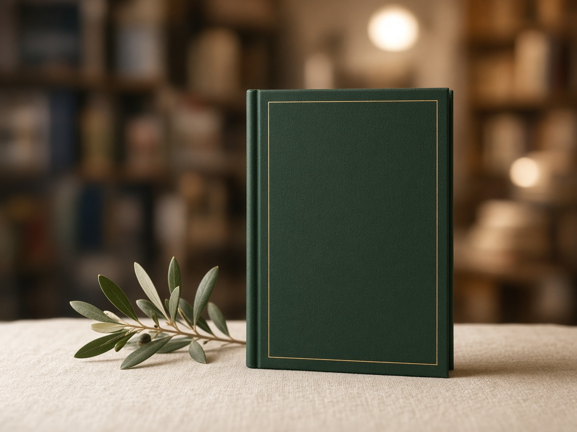 A forest-green book standing in soft light