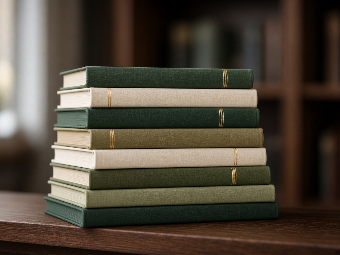 A stack of clothbound books on a walnut shelf